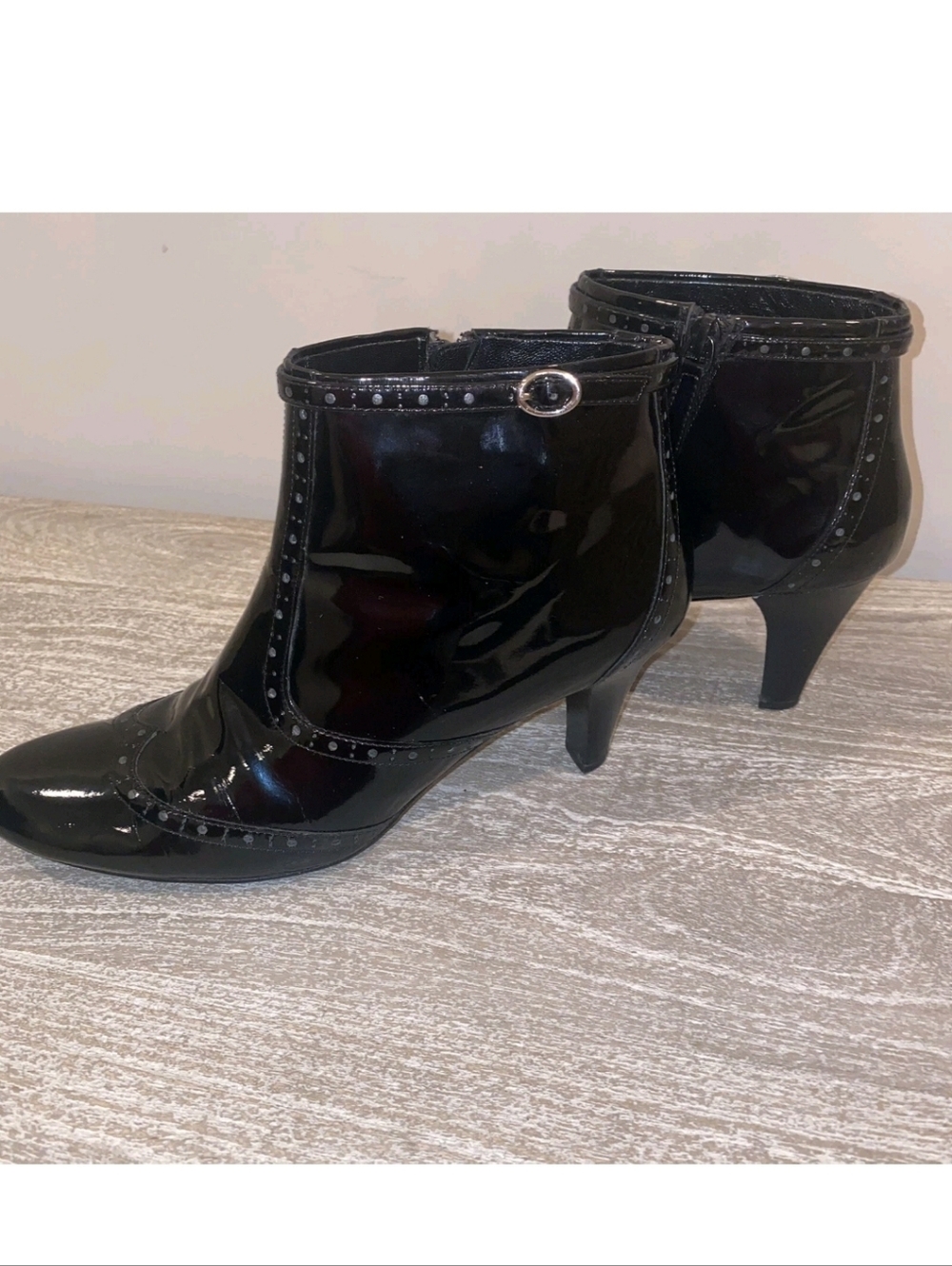 Vtg Cole Haan Original Price $599 Black Patent Ankle Booties with Buckle Detail